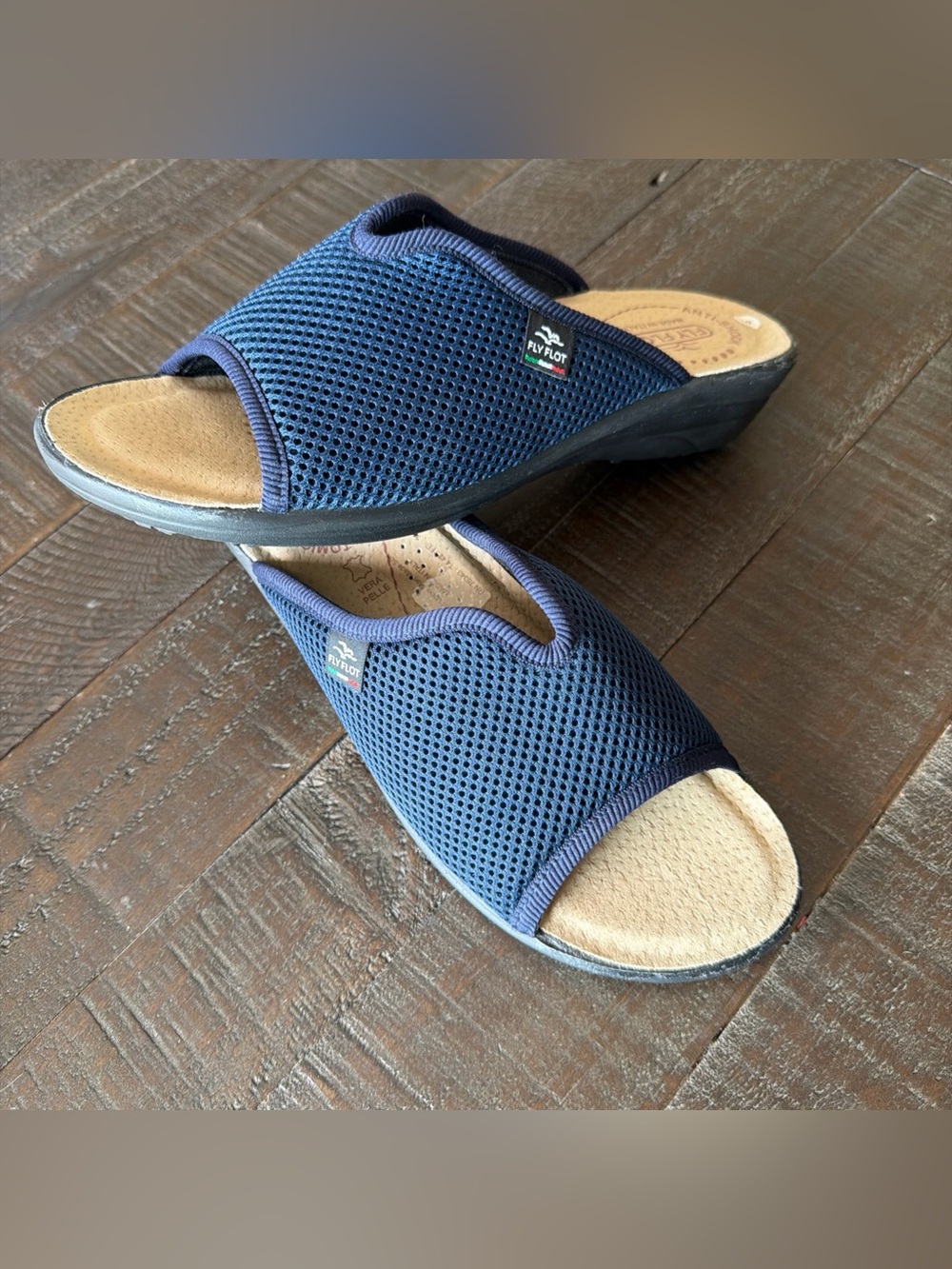 Fly Flot Womens 8 Navy Blue Mesh Anti-Shock Anatomic Slide Sandals Italy 39 NEW